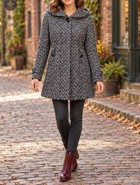 George Womens Black & White Tweed Hooded A-Line Coat